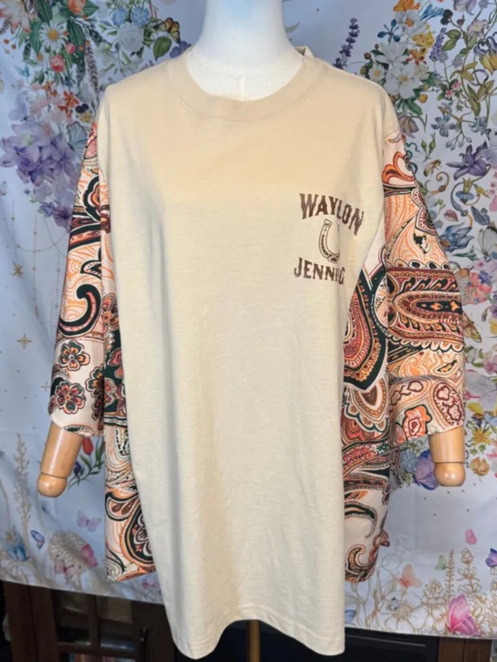 Waylon Jennings Upcycled T-Shirt with Flowy Paisley Printed Sleeves - OSFM